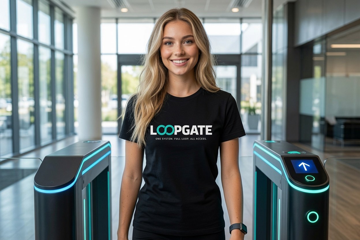 LOOPGATE Brand Ambassadorin zwischen Speedgates in Foyer