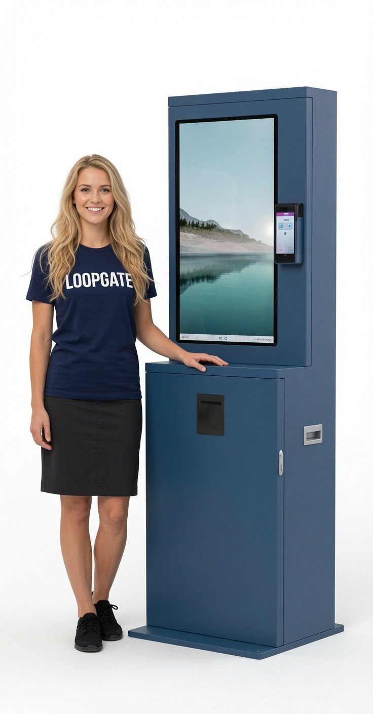 LOOPGATE Kiosk in Marineblau mit Mitarbeiterin